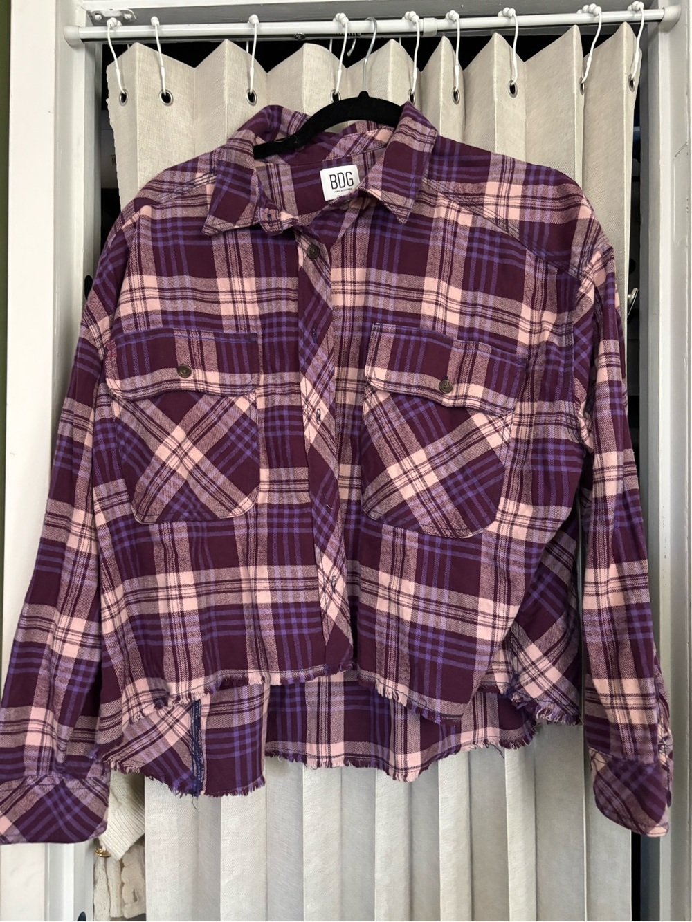 BDG Pink and Purple Plaid Cropped Flannel Shirt